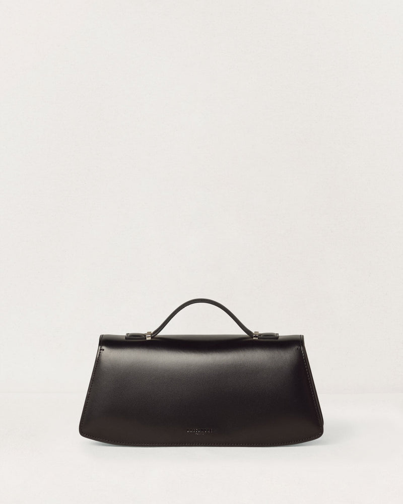 Kassandre Colonne clutch in black cow leather with silver hardware, rigorous lines, back view