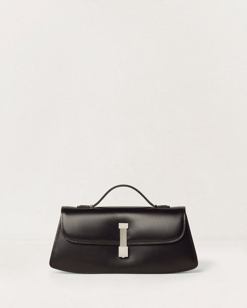Kassandre Colonne clutch in black cow leather with silver hardware, rigorous lines, front view