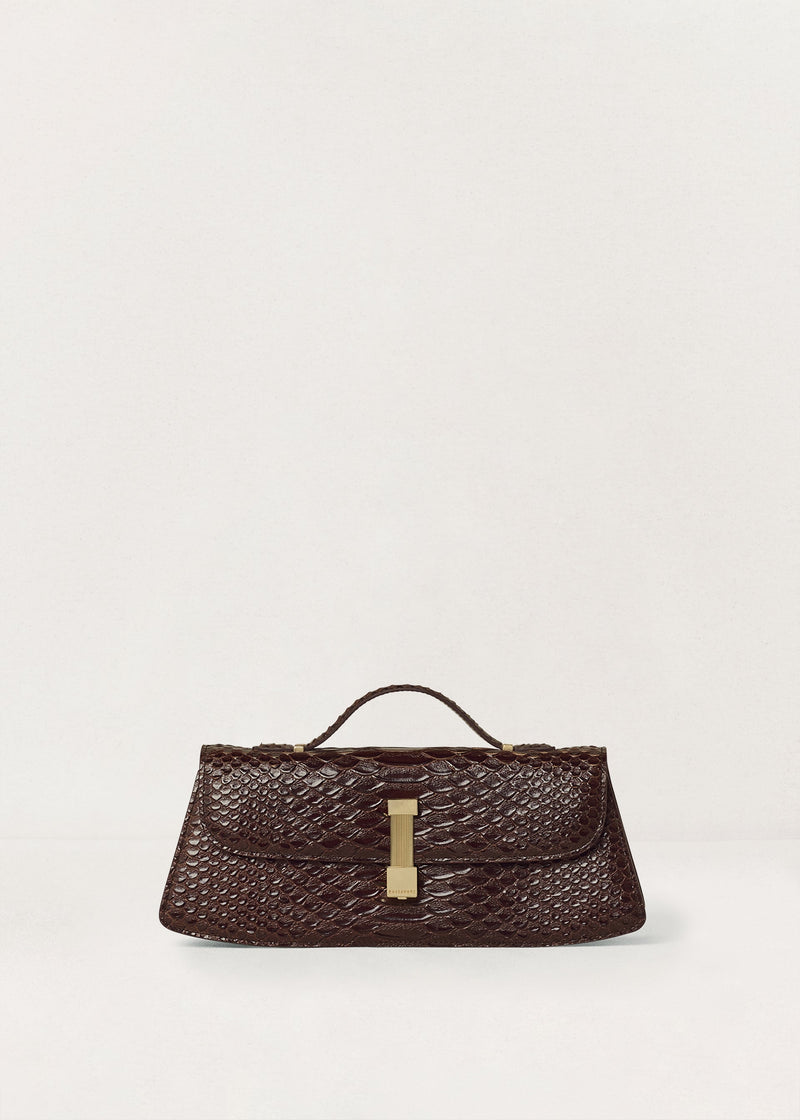 Kassandre Colonne clutch in brown python-effect leather with gold hardware, front view