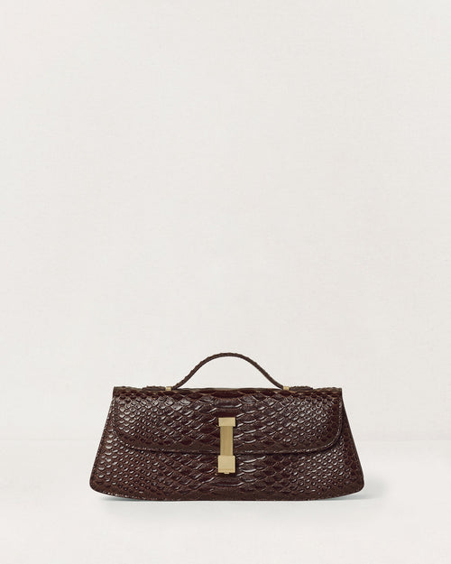 Kassandre Colonne clutch in brown python-effect leather with gold hardware, front view