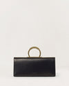 Kassandre Deva clutch in black cow leather with gold hardware, Art Deco geometry, removable strap , crossbody bag , front view