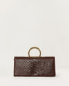 Kassandre Deva clutch in brown python-effect leather, sculptural Art Deco geometry, removable strap , crossbody bag ,front view