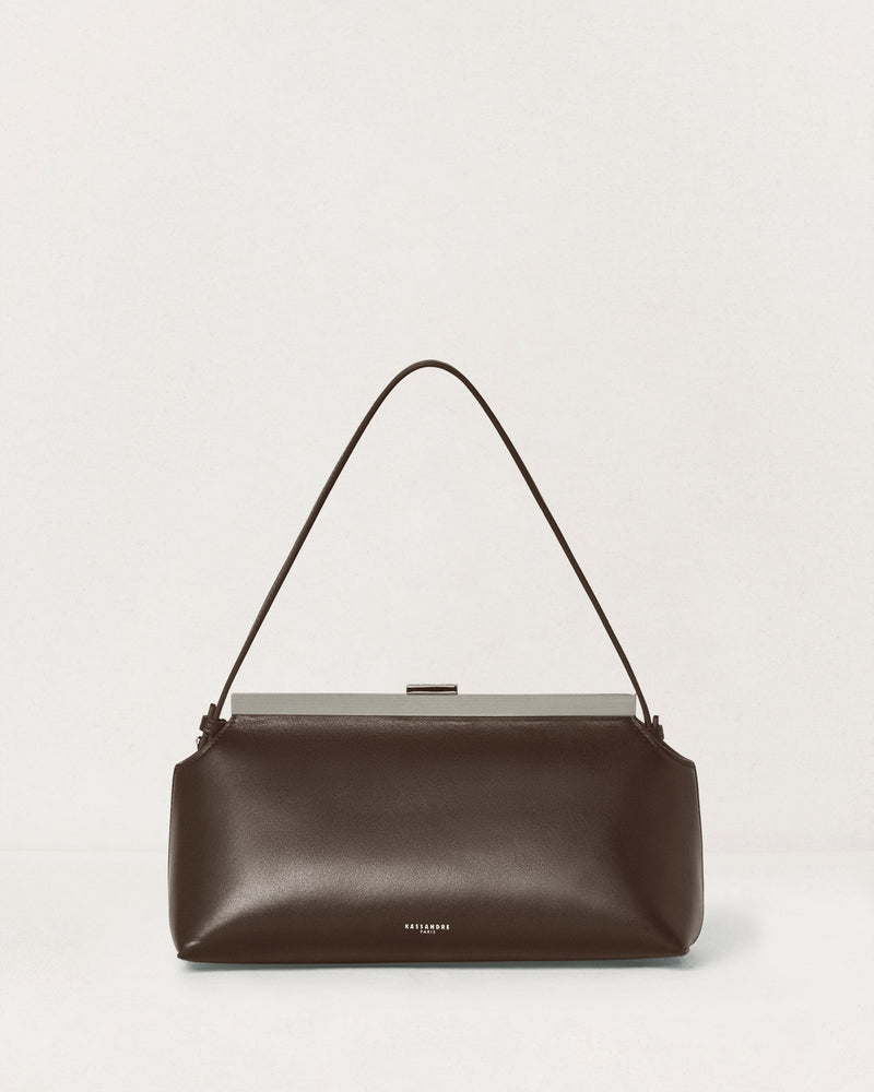 Kassandre Eileen shoulder bag in brown smooth cow leather silver frame with striped metal frame, front view