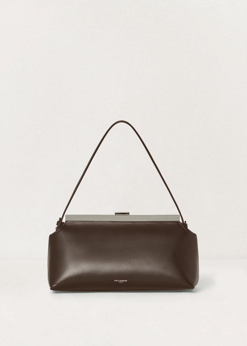 Kassandre Eileen shoulder bag in brown smooth cow leather silver frame with striped metal frame, front view